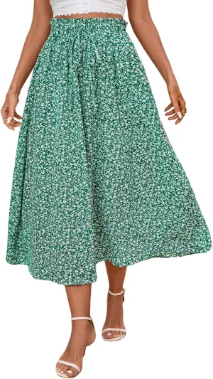 Floral Midi Skirt Boho Flowy Elastic High Waist A Line Skirt Bow Linen Flared Beach Long Skirts for Women with Pockets