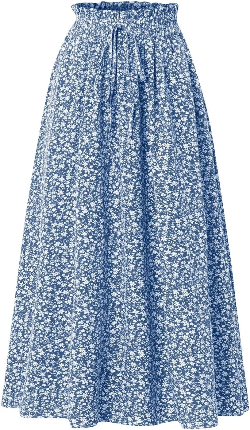 Floral Midi Skirt Boho Flowy Elastic High Waist A Line Skirt Bow Linen Flared Beach Long Skirts for Women with Pockets