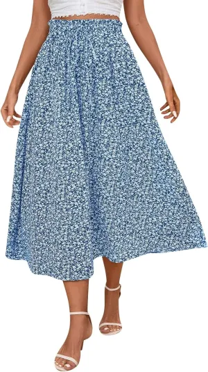 Floral Midi Skirt Boho Flowy Elastic High Waist A Line Skirt Bow Linen Flared Beach Long Skirts for Women with Pockets