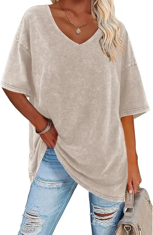 Flowyair Womens Oversized T Shirts Summer Loose Fit Cotton Short Sleeve Basic Tees Casual V Neck Boyfriend Tunic Tops