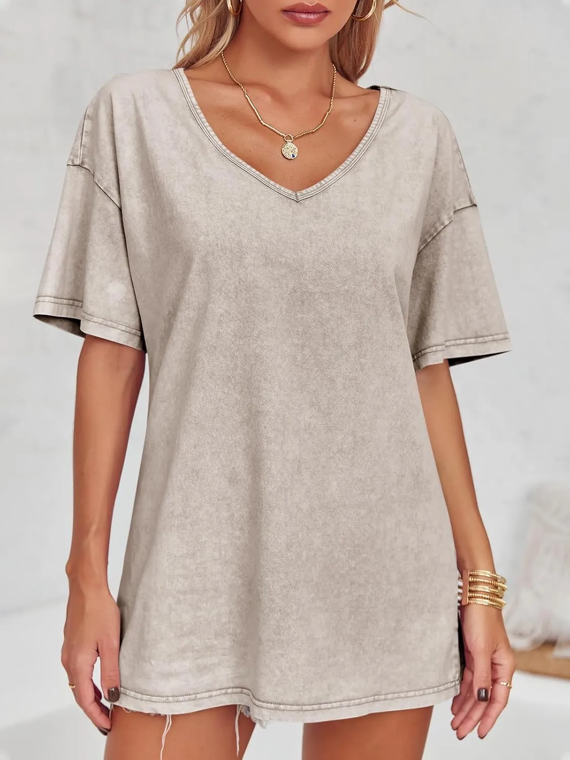 Flowyair Womens Oversized T Shirts Summer Loose Fit Cotton Short Sleeve Basic Tees Casual V Neck Boyfriend Tunic Tops