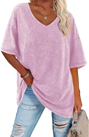 Flowyair Womens Oversized T Shirts Summer Loose Fit Cotton Short Sleeve Basic Tees Casual V Neck Boyfriend Tunic Tops