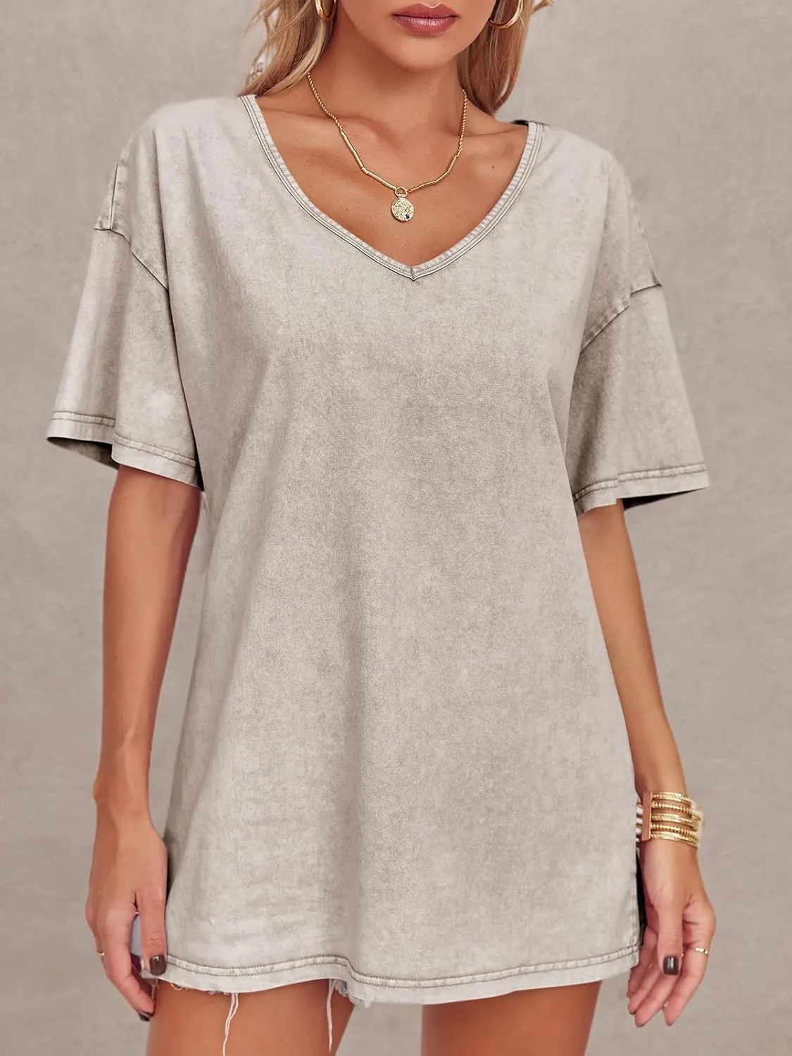 Flowyair Womens Oversized T Shirts Summer Loose Fit Cotton Short Sleeve Basic Tees Casual V Neck Boyfriend Tunic Tops