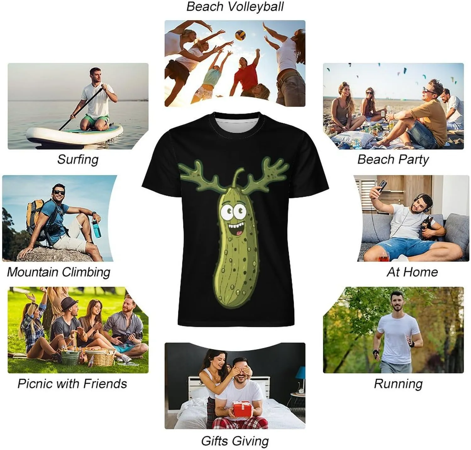 Funny Pickle with Antlers Men's Short Sleeve Tee Casual Crew Neck T-Shirts Summer Workout Tops Graphic