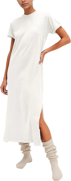 Gacaky Women's Summer Casual Short Sleeve T Shirts Maxi Dress Flowy Split Beach Vacation Sundress 2025 Outfits with Pockets