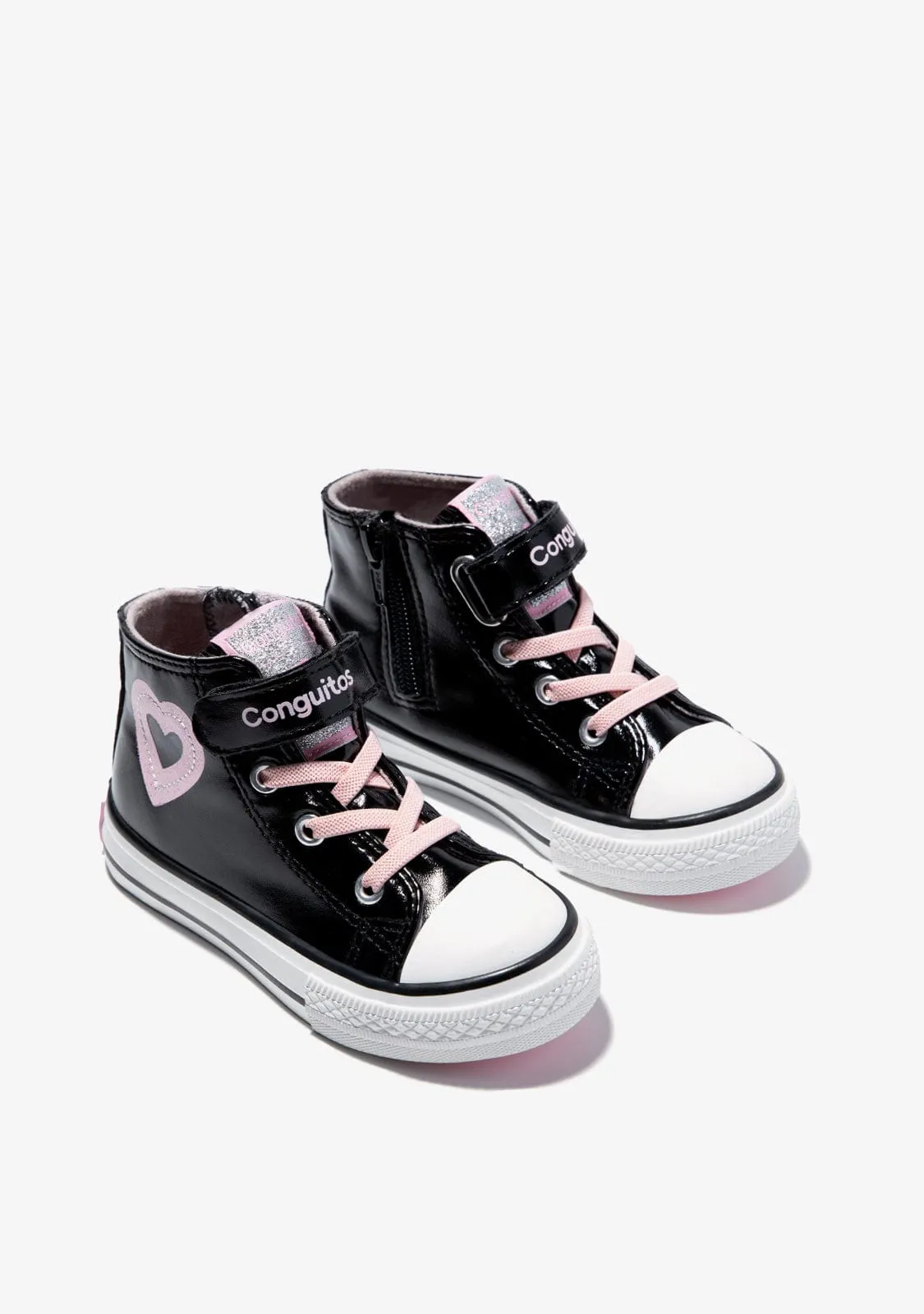 Girl's Black Patent Leather Heart Hi-Top Sneakers