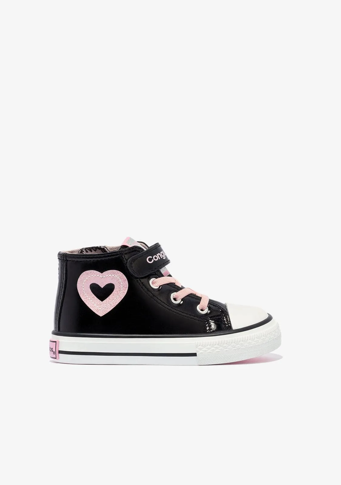 Girl's Black Patent Leather Heart Hi-Top Sneakers