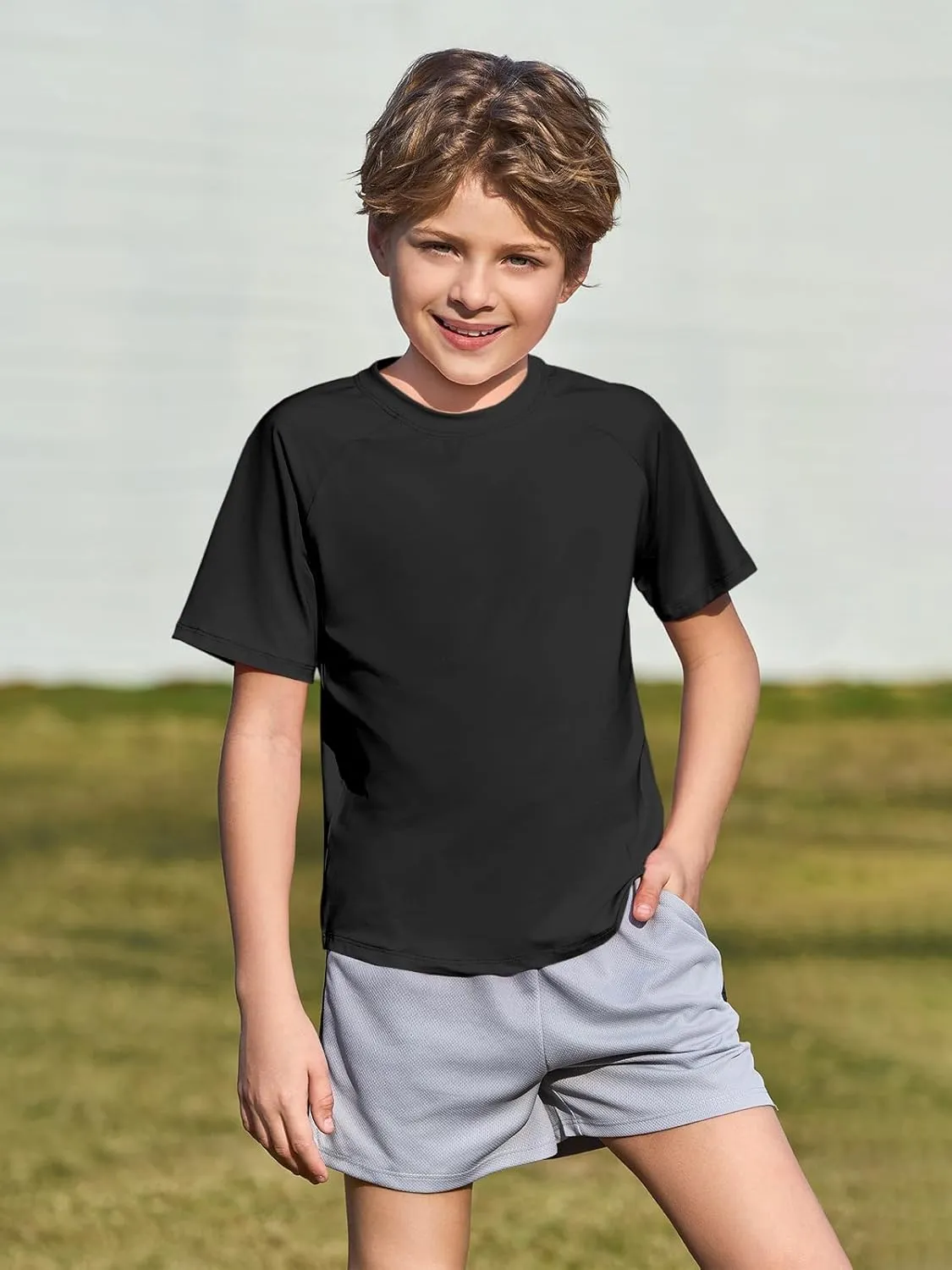 Haloumoning Boys Short Sleeve Athletic T-Shirts Kids Basic Quick Dry Lightweight Performance Tees 5-14 Years