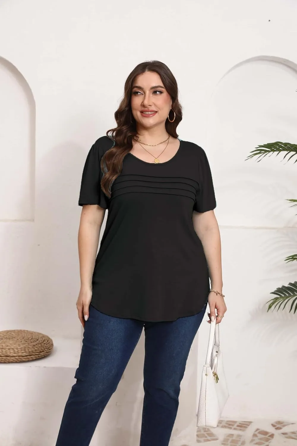 HBEYYTO Womens Plus Size Tops Short Sleeve Pleated T shirts Dressy Casual Scooped Neck Flowy Loose Floral Blouses 1X-5X