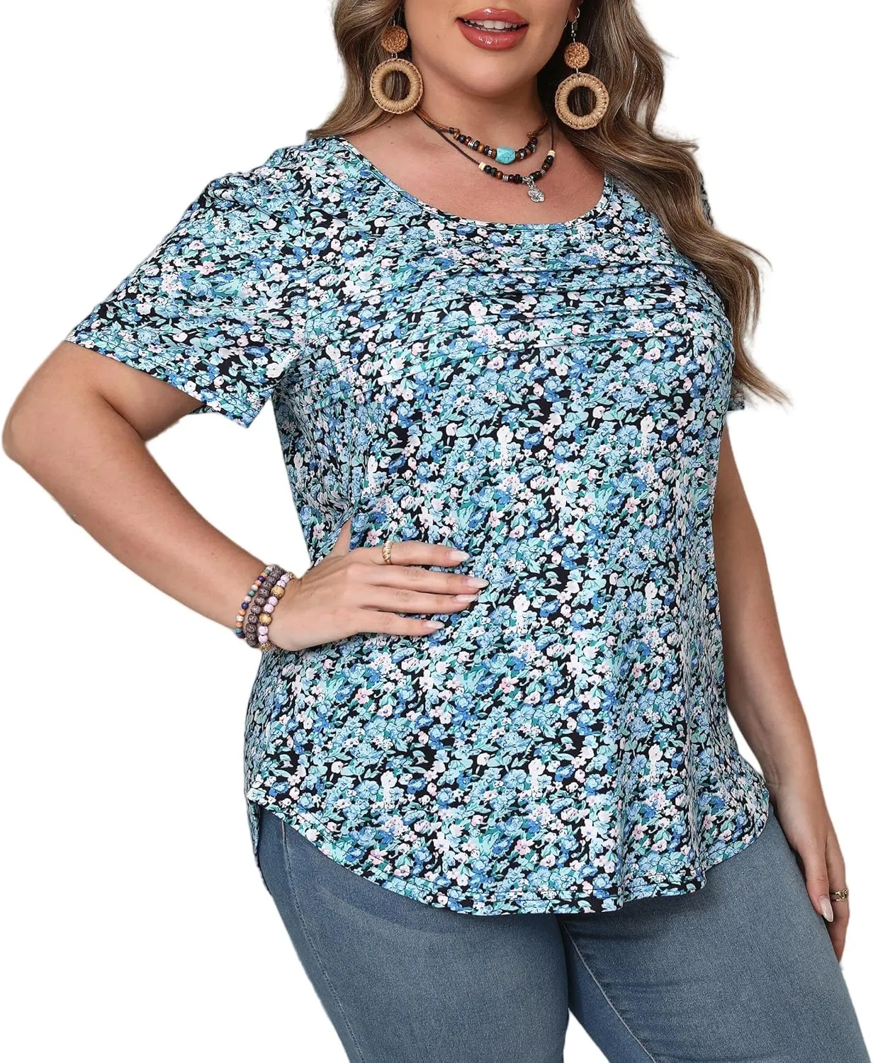 HBEYYTO Womens Plus Size Tops Short Sleeve Pleated T shirts Dressy Casual Scooped Neck Flowy Loose Floral Blouses 1X-5X