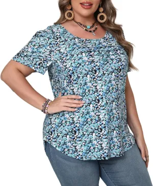HBEYYTO Womens Plus Size Tops Short Sleeve Pleated T shirts Dressy Casual Scooped Neck Flowy Loose Floral Blouses 1X-5X
