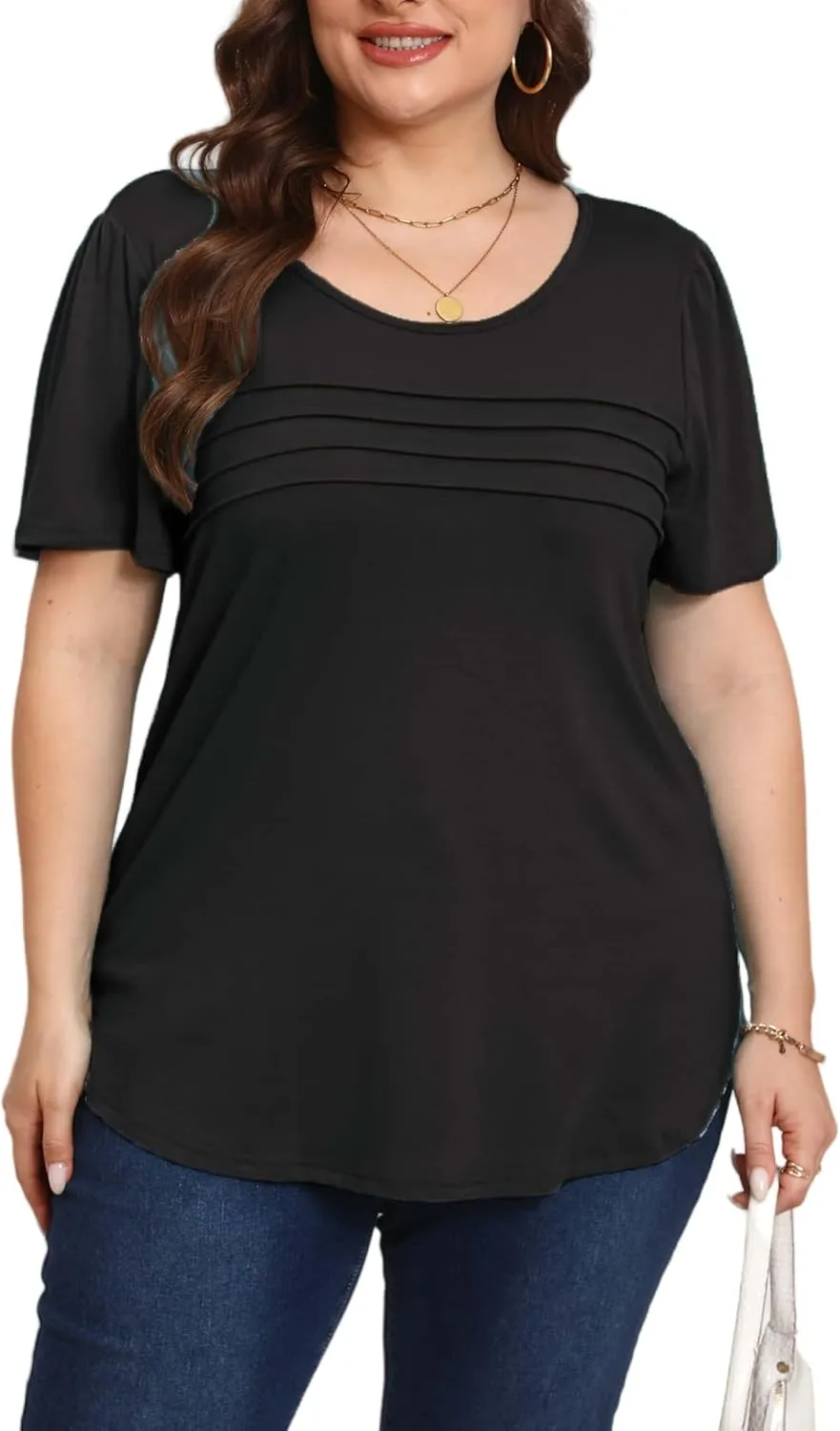HBEYYTO Womens Plus Size Tops Short Sleeve Pleated T shirts Dressy Casual Scooped Neck Flowy Loose Floral Blouses 1X-5X