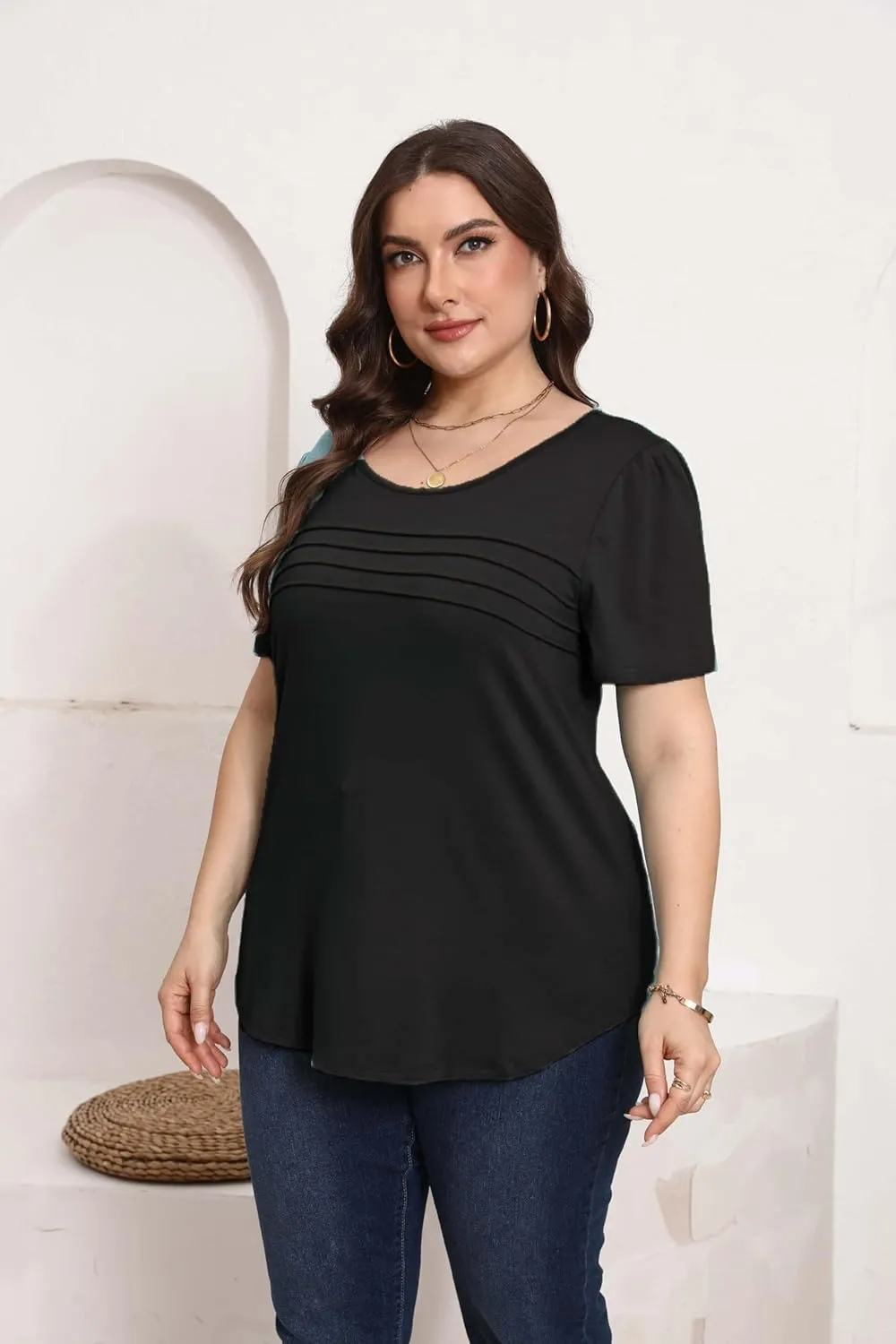 HBEYYTO Womens Plus Size Tops Short Sleeve Pleated T shirts Dressy Casual Scooped Neck Flowy Loose Floral Blouses 1X-5X
