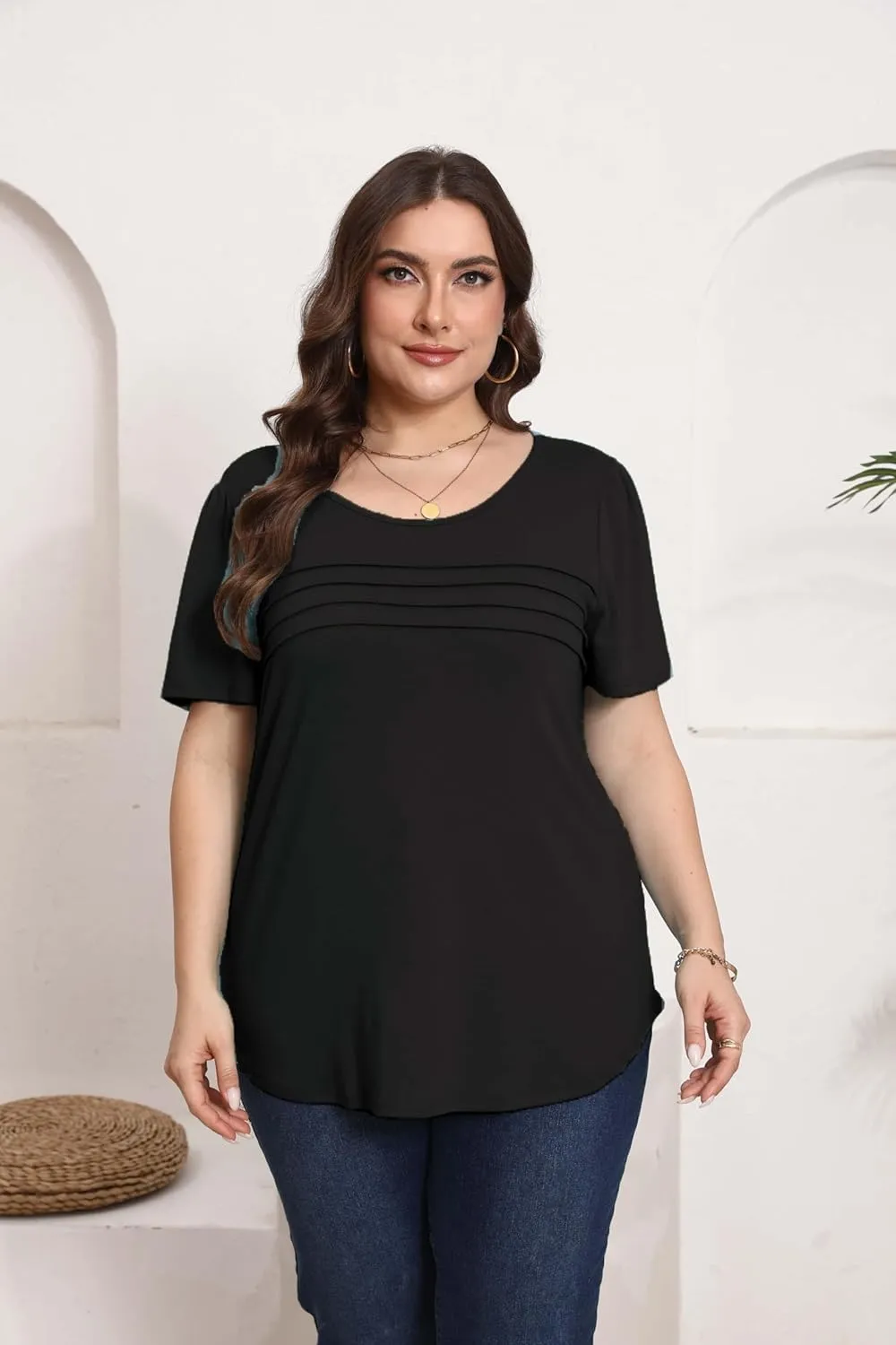 HBEYYTO Womens Plus Size Tops Short Sleeve Pleated T shirts Dressy Casual Scooped Neck Flowy Loose Floral Blouses 1X-5X