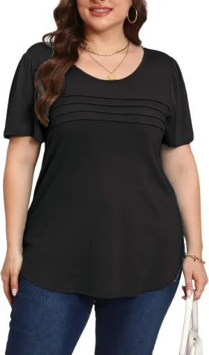 HBEYYTO Womens Plus Size Tops Short Sleeve Pleated T shirts Dressy Casual Scooped Neck Flowy Loose Floral Blouses 1X-5X