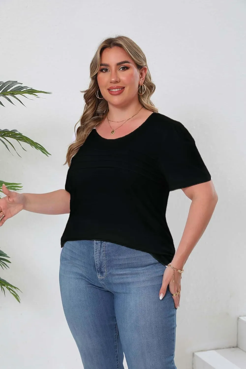 HBEYYTO Womens Plus Size Tops Short Sleeve Pleated T shirts Dressy Casual Scooped Neck Flowy Loose Floral Blouses 1X-5X