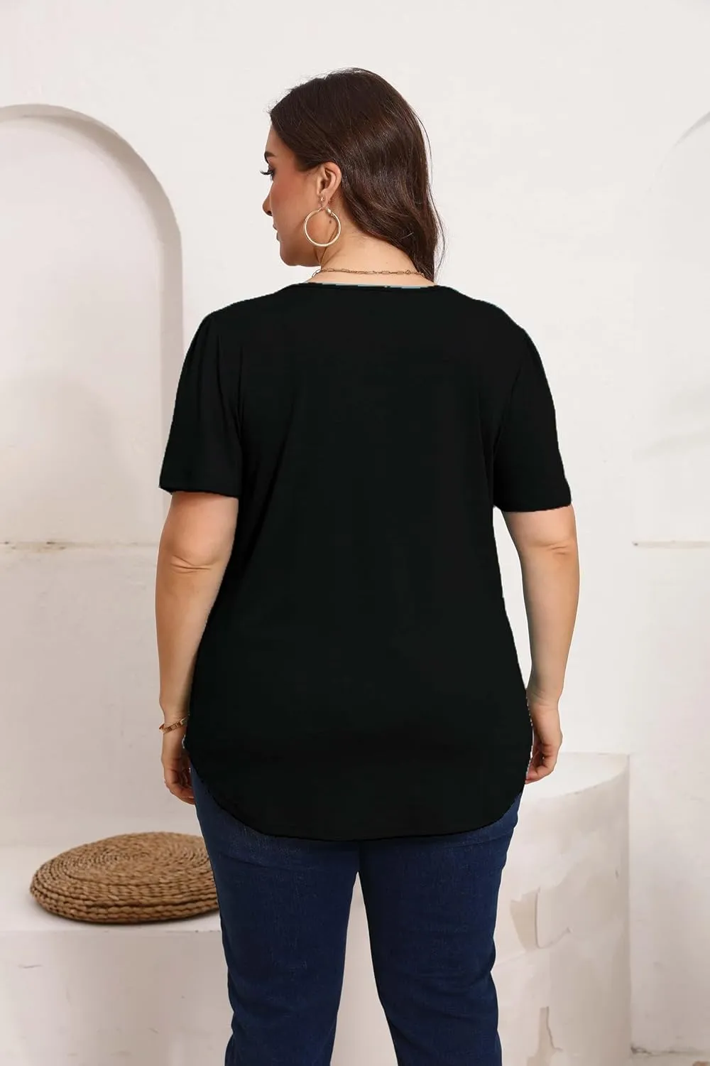 HBEYYTO Womens Plus Size Tops Short Sleeve Pleated T shirts Dressy Casual Scooped Neck Flowy Loose Floral Blouses 1X-5X