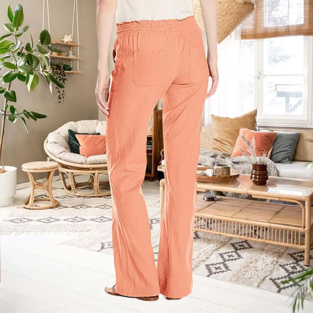 High Waist Wide Leg Linen Pants for Women Summer Elastic Smocked Drawstring Baggy Lounge Trousers Pants with Pockets