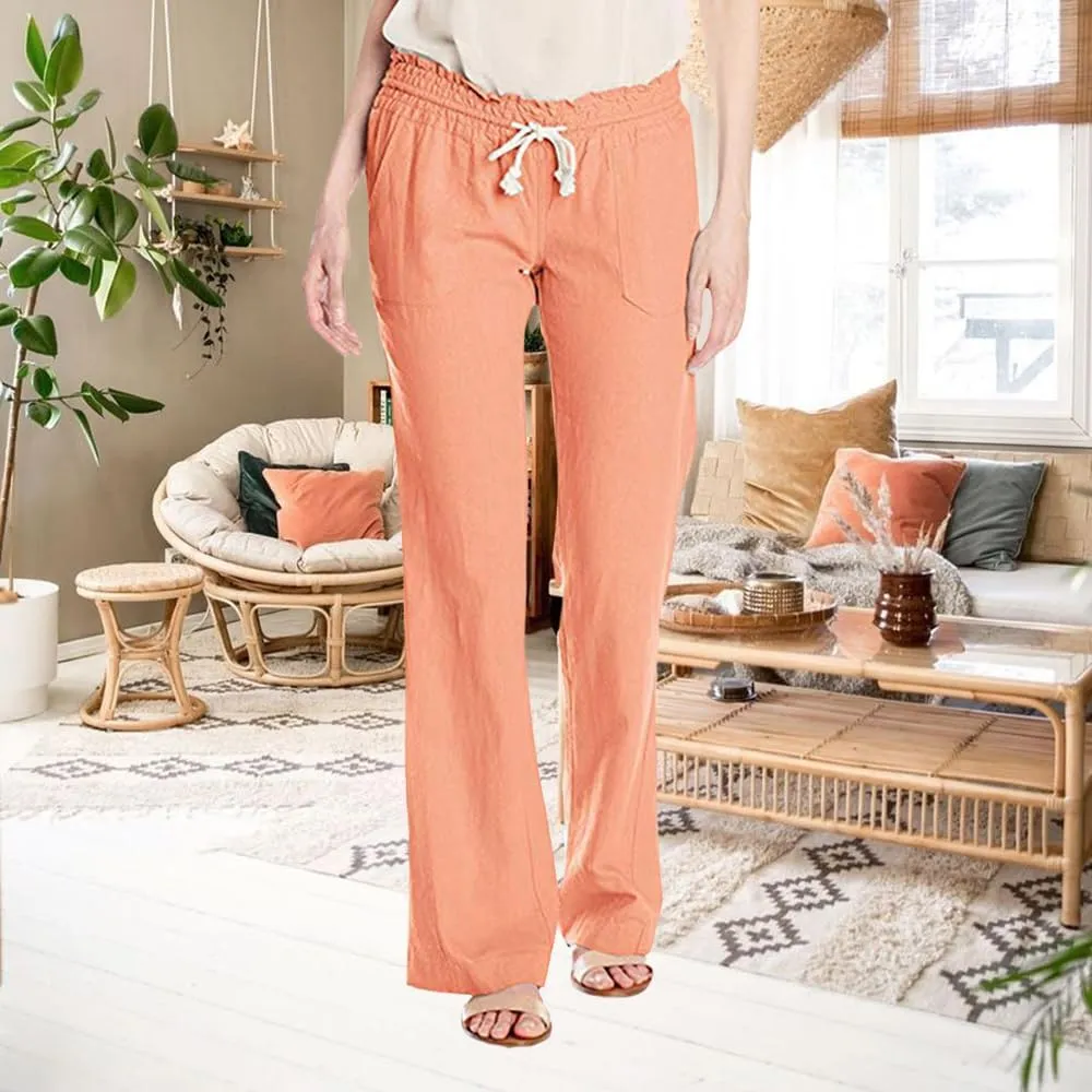 High Waist Wide Leg Linen Pants for Women Summer Elastic Smocked Drawstring Baggy Lounge Trousers Pants with Pockets