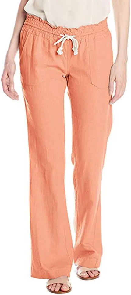 High Waist Wide Leg Linen Pants for Women Summer Elastic Smocked Drawstring Baggy Lounge Trousers Pants with Pockets