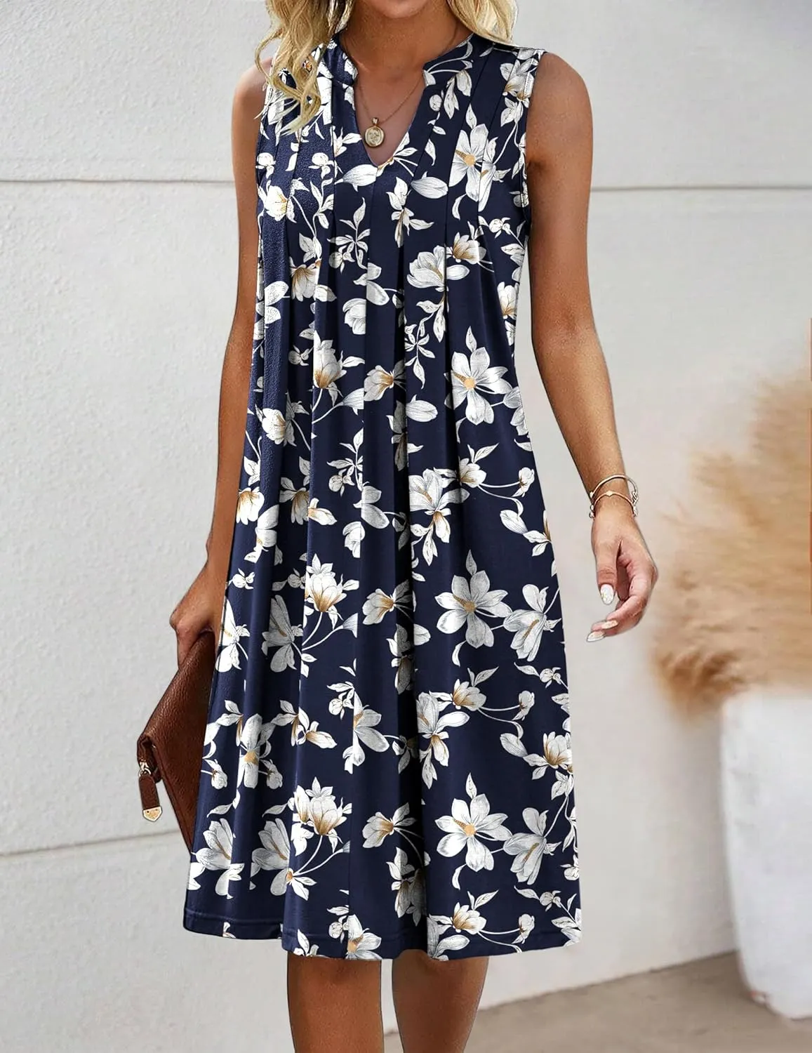 HOTOUCH Women Casual A-Line Dress with Pockets 2024 Sleeveless V Neck Pleated Sundress Loose T-Shirt Work Office Dresses
