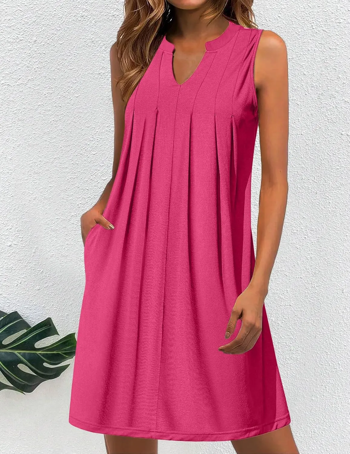 HOTOUCH Women Casual A-Line Dress with Pockets 2024 Sleeveless V Neck Pleated Sundress Loose T-Shirt Work Office Dresses
