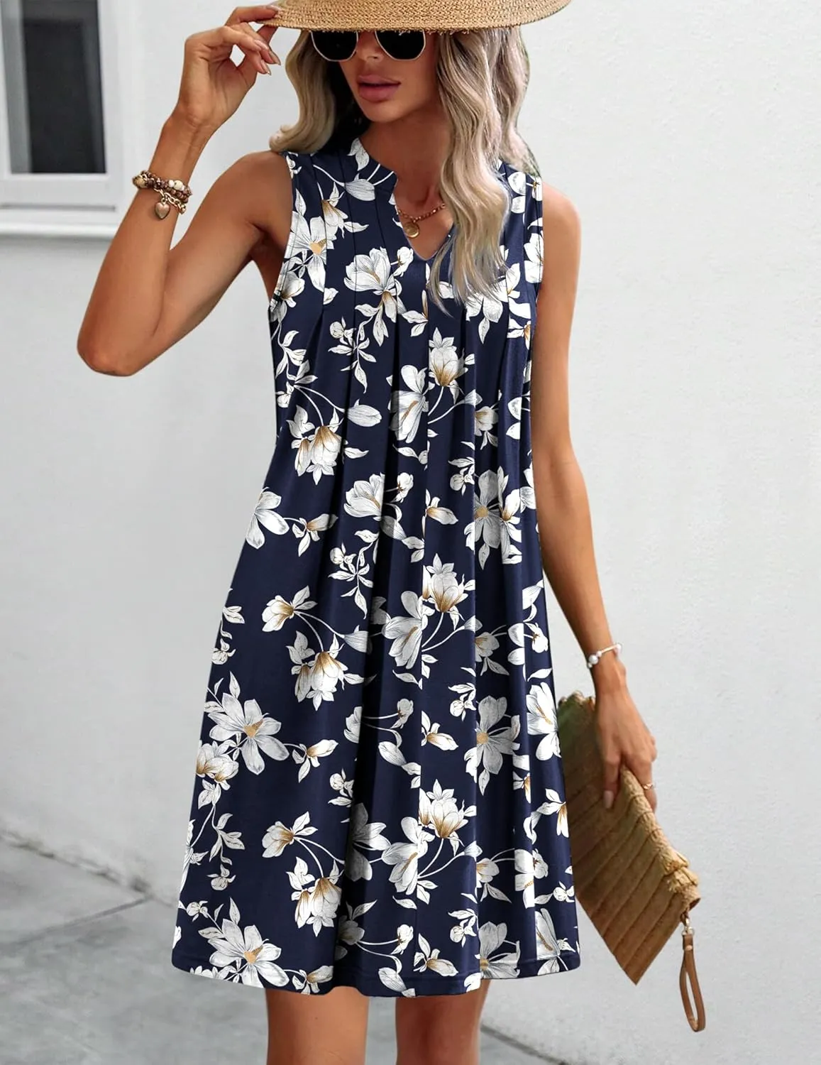 HOTOUCH Women Casual A-Line Dress with Pockets 2024 Sleeveless V Neck Pleated Sundress Loose T-Shirt Work Office Dresses