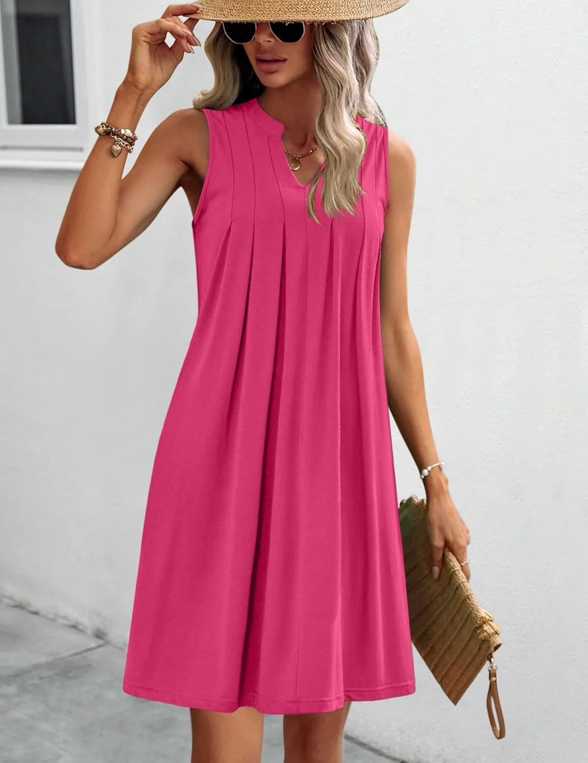 HOTOUCH Women Casual A-Line Dress with Pockets 2024 Sleeveless V Neck Pleated Sundress Loose T-Shirt Work Office Dresses