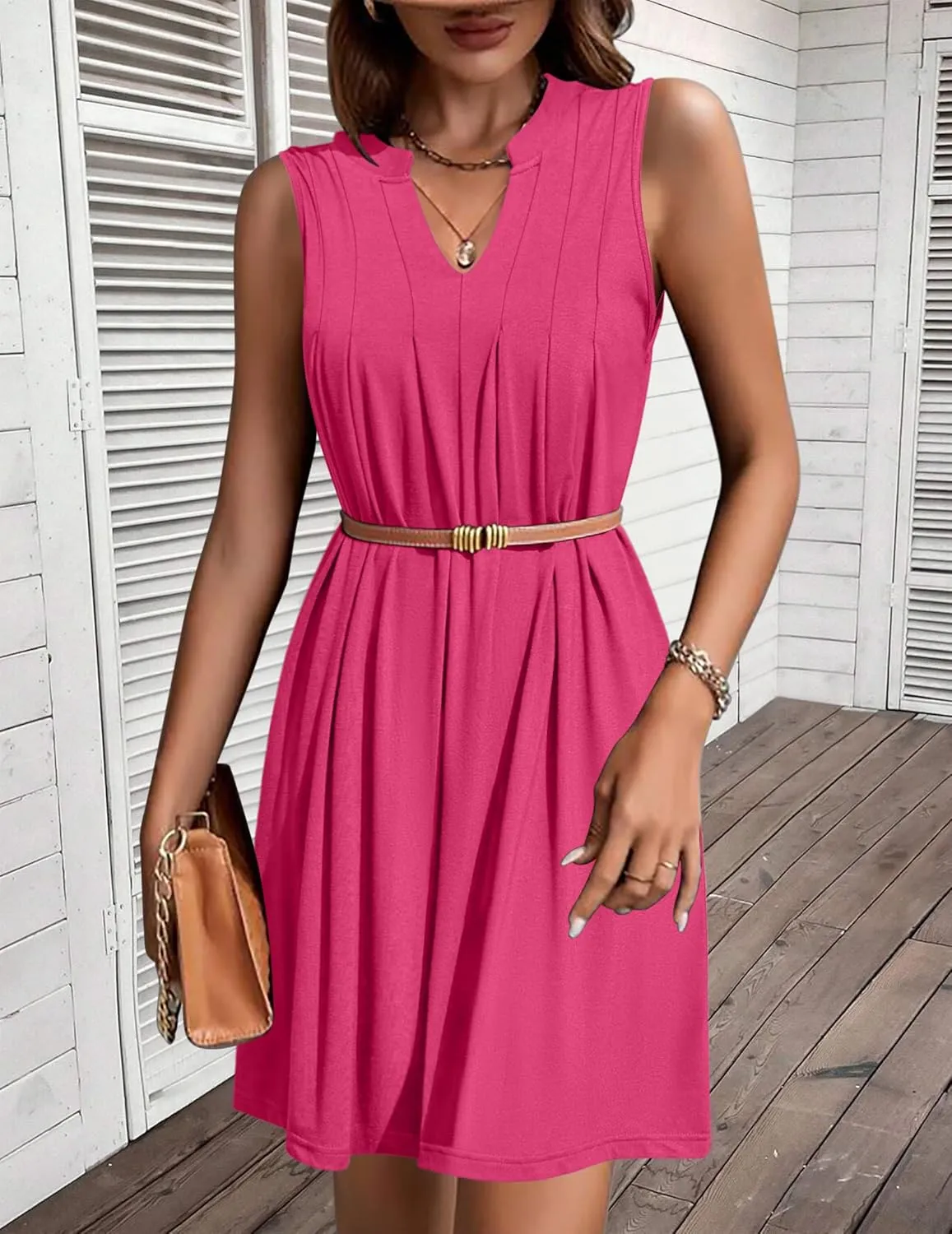 HOTOUCH Women Casual A-Line Dress with Pockets 2024 Sleeveless V Neck Pleated Sundress Loose T-Shirt Work Office Dresses