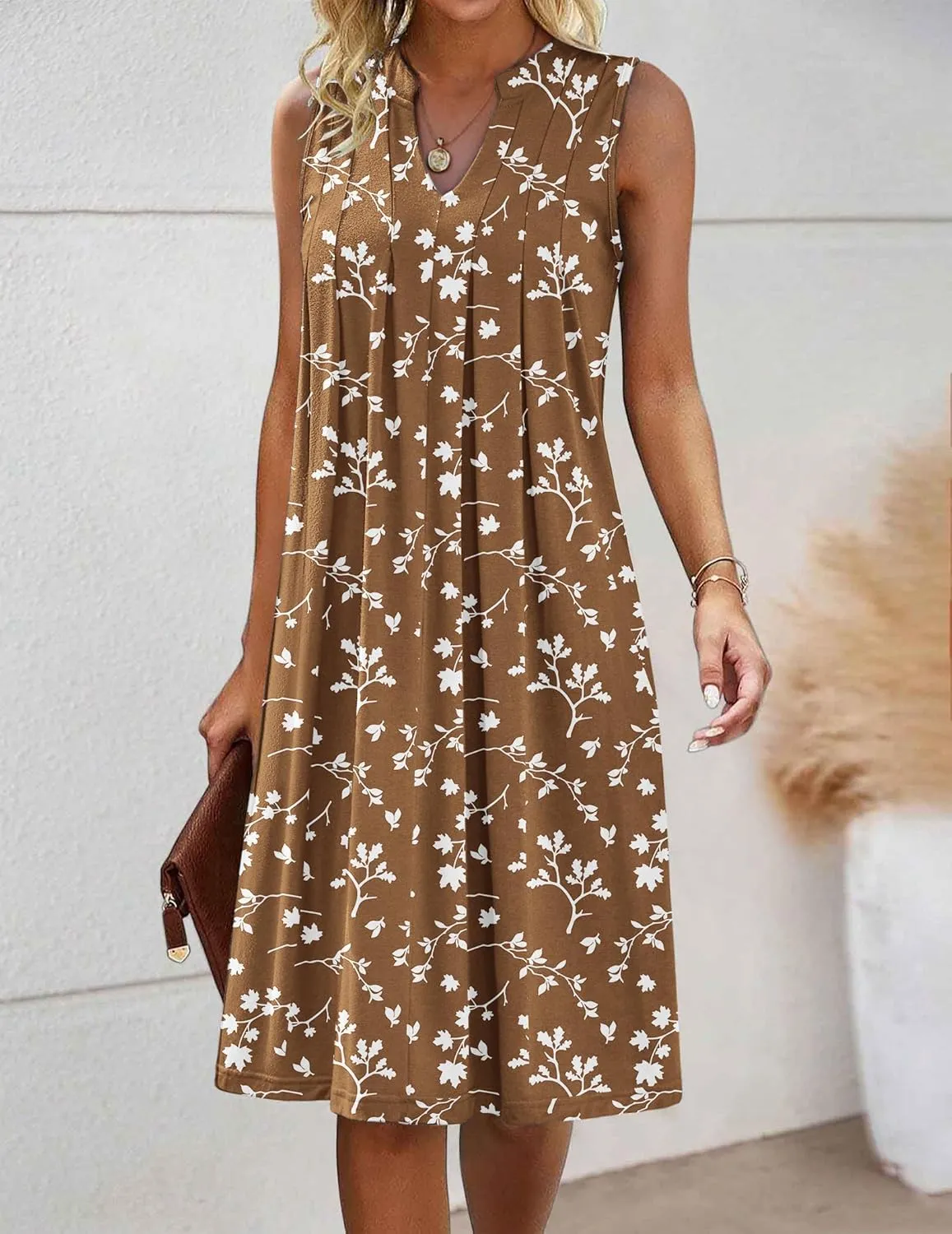 HOTOUCH Women Casual A-Line Dress with Pockets 2024 Sleeveless V Neck Pleated Sundress Loose T-Shirt Work Office Dresses