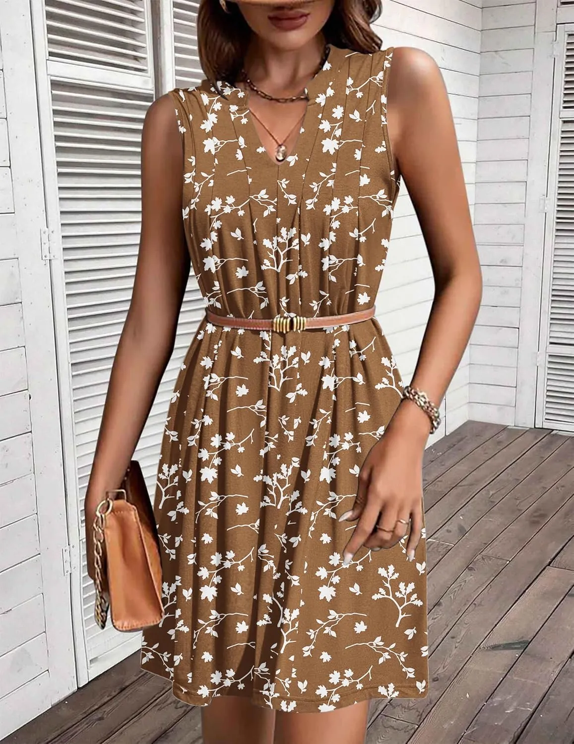 HOTOUCH Women Casual A-Line Dress with Pockets 2024 Sleeveless V Neck Pleated Sundress Loose T-Shirt Work Office Dresses