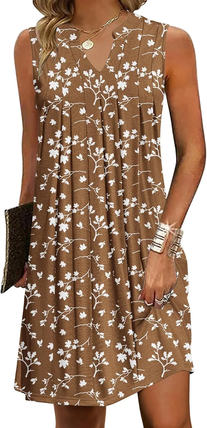 HOTOUCH Women Casual A-Line Dress with Pockets 2024 Sleeveless V Neck Pleated Sundress Loose T-Shirt Work Office Dresses