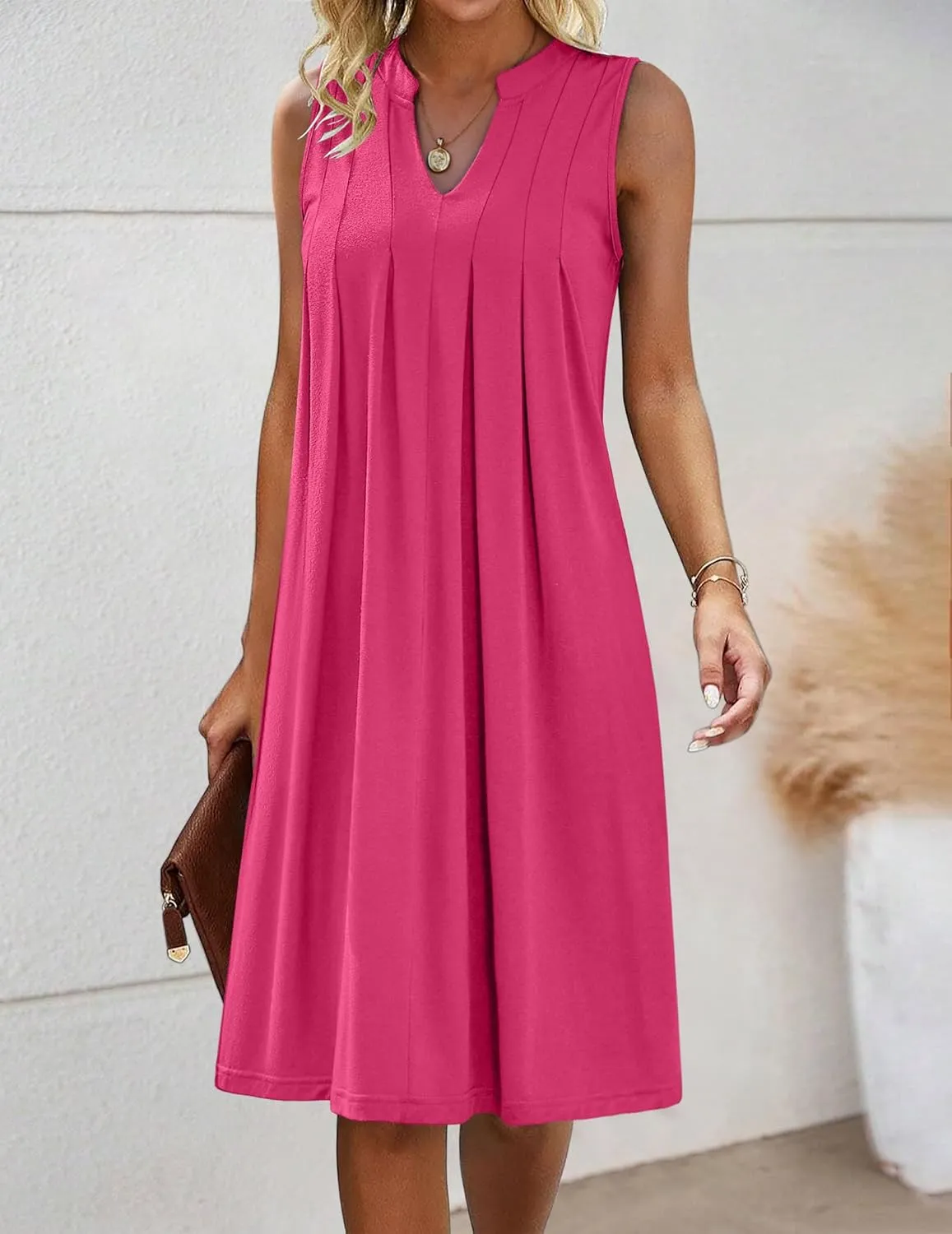 HOTOUCH Women Casual A-Line Dress with Pockets 2024 Sleeveless V Neck Pleated Sundress Loose T-Shirt Work Office Dresses