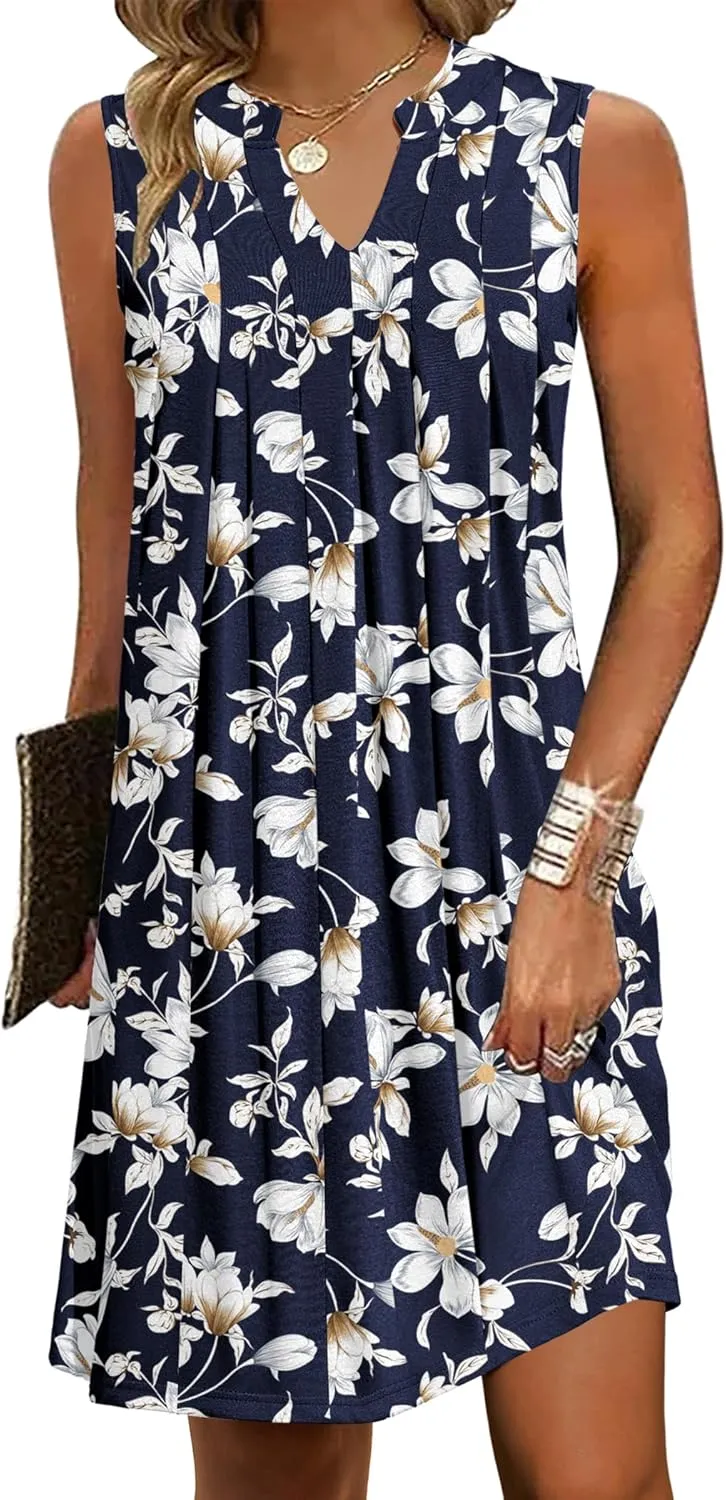 HOTOUCH Women Casual A-Line Dress with Pockets 2024 Sleeveless V Neck Pleated Sundress Loose T-Shirt Work Office Dresses