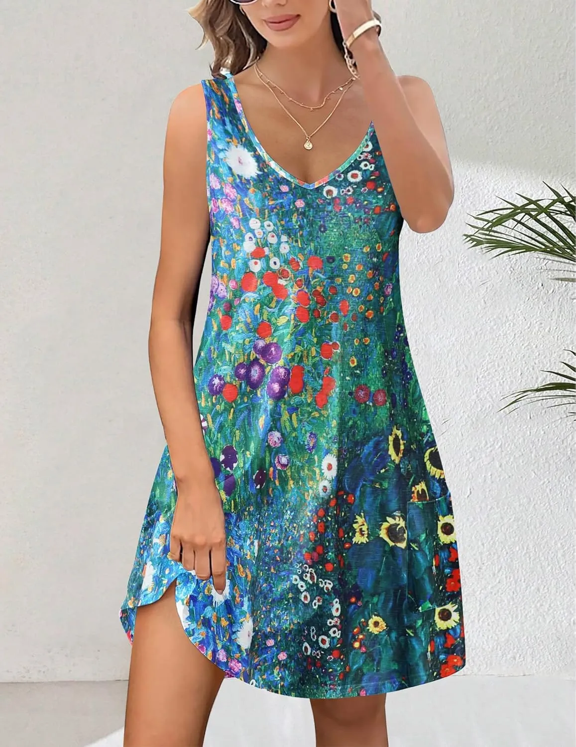 HOTOUCH Women's Casual Sundress with Pockets Summer Beach Dress Floral T-Shirts Dress V Neck Loose Tank Dresses