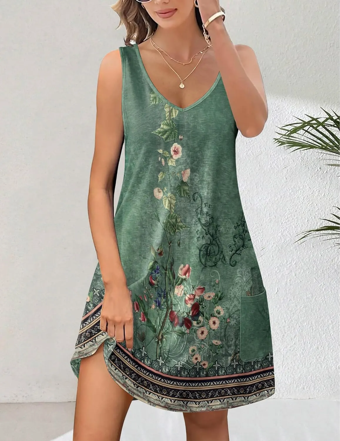 HOTOUCH Women's Casual Sundress with Pockets Summer Beach Dress Floral T-Shirts Dress V Neck Loose Tank Dresses