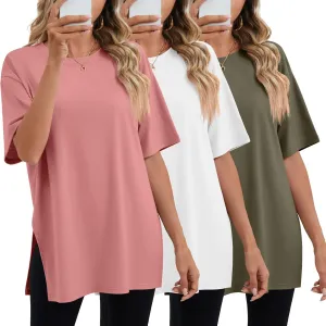 Huukeay 3 Pack Women's Oversized Gym T Shirts Cotton Short Sleeve Side Split Crewneck Tops Casual Workout Baggy Basic Tee