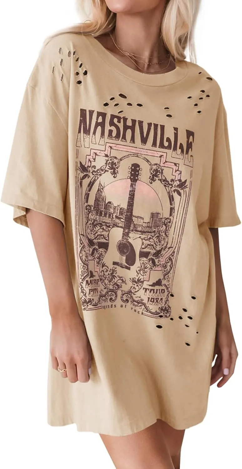 Imily Bela Womens Nashville Oversized T Shirts Country Concert Outfits Hollow Out Guitar Graphic Tees Vintage Tops