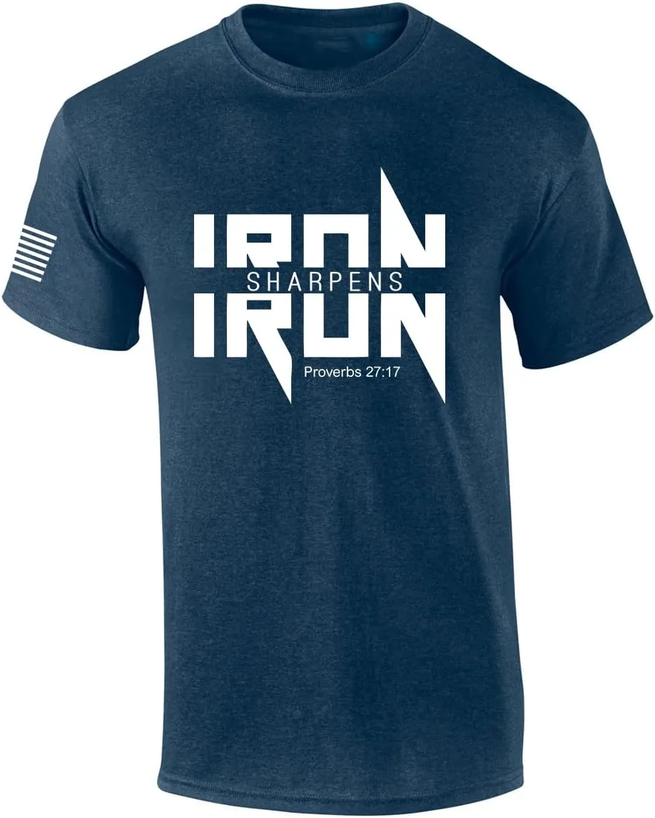 Iron Sharpens Iron Proverbs 27:17 Heavy Metal Logo Bible Scripture Mens Christian Tshirt Jesus Cross Short Sleeve Graphic Tee