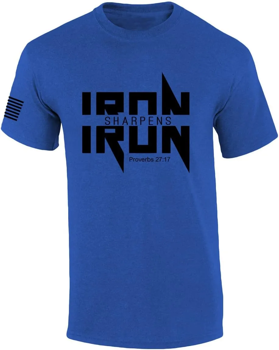 Iron Sharpens Iron Proverbs 27:17 Heavy Metal Logo Bible Scripture Mens Christian Tshirt Jesus Cross Short Sleeve Graphic Tee