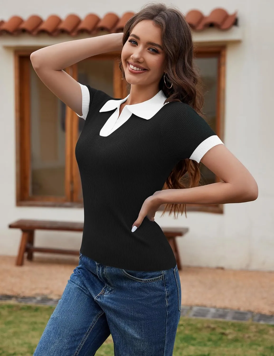 Ivicoer Womens 2025 Summer V Neck Short Sleeve T Shirts Slim Fitted Ribbed Knit Casual Tee Tops