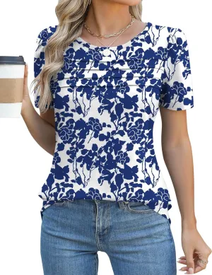 Ivicoer Womens Summer Tops Short Puff Sleeve Dressy Casual Blouses Crew Neck Pleated T Shirts Loose Fit Spring Tunic