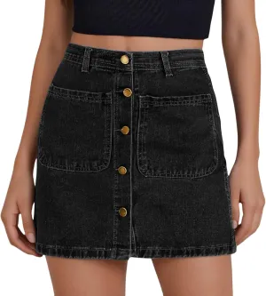 Jean Skirts for Women Denim High Waisted Trendy Stretchy Mini Button Front Short Pencil Skirt with Patch Pockets
