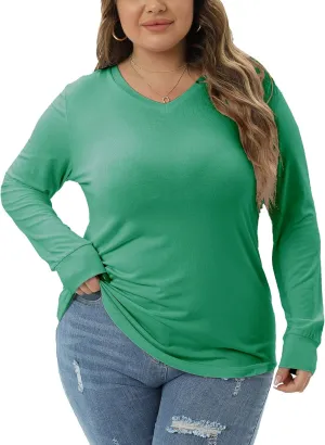 JNC Plus Size Tops For Women Long Sleeves V Neck T-Shirts Loose Fit Casual Basic Tunic Top