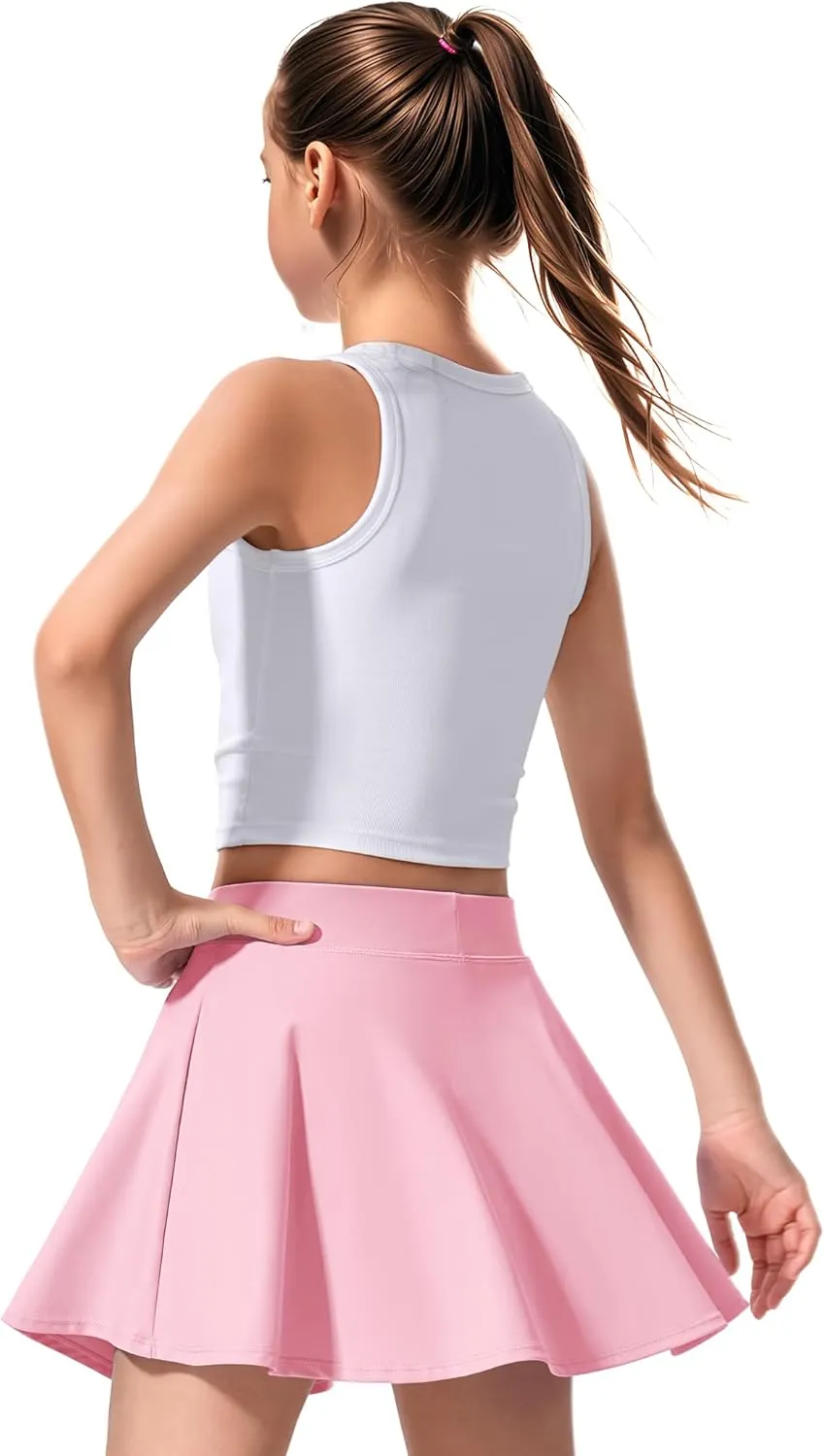 JOCMIC Girls Tennis Skirt with Shorts and Pockets for Golf Running School, Athletic Skorts for Girls 7-14 Years
