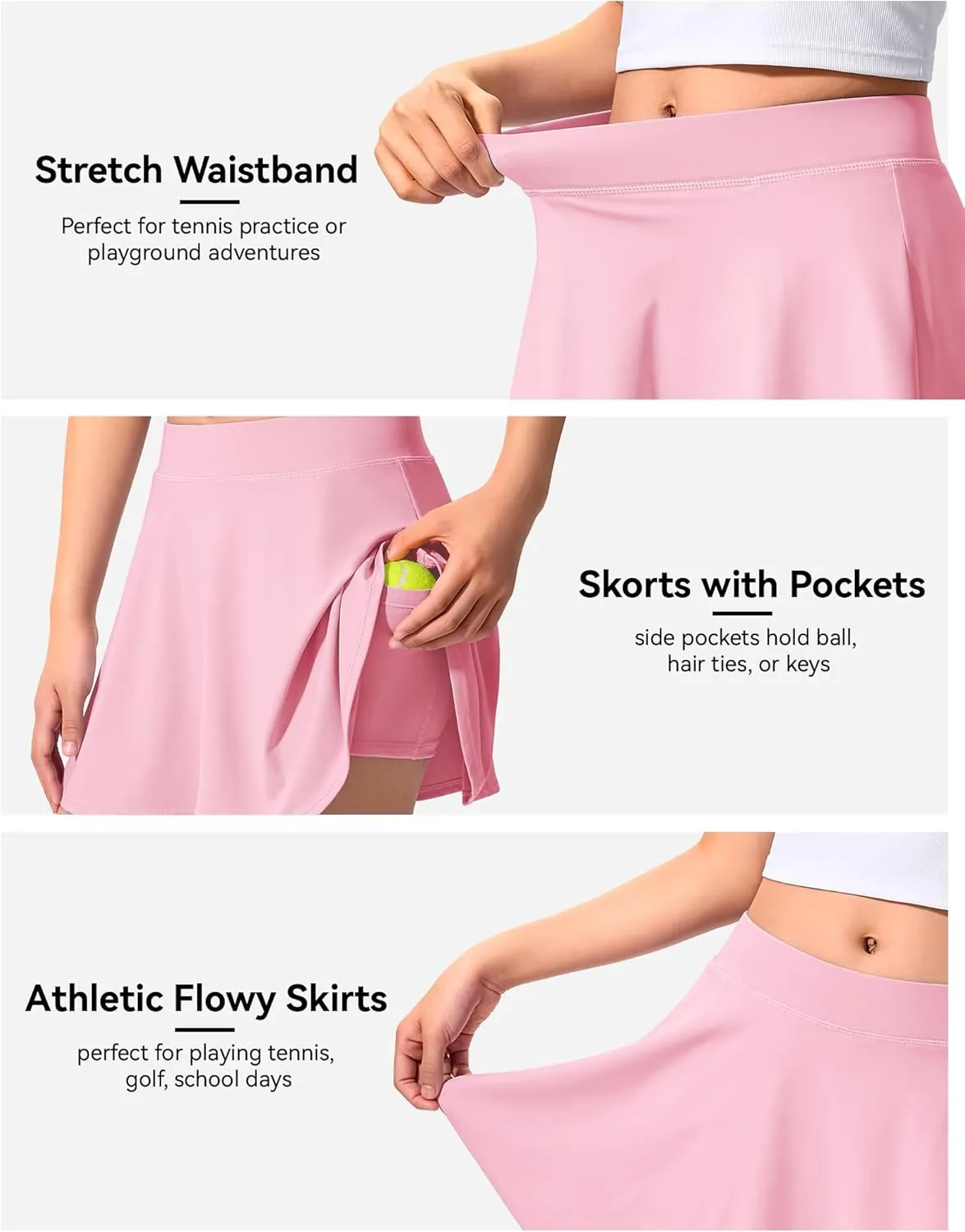 JOCMIC Girls Tennis Skirt with Shorts and Pockets for Golf Running School, Athletic Skorts for Girls 7-14 Years