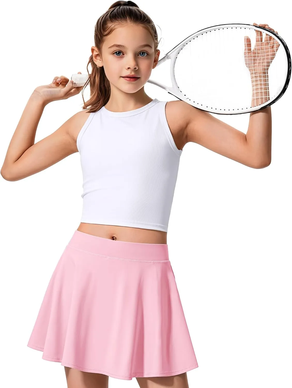 JOCMIC Girls Tennis Skirt with Shorts and Pockets for Golf Running School, Athletic Skorts for Girls 7-14 Years