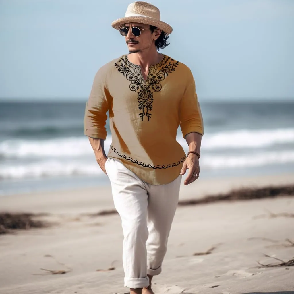 JoZorro Mens Polyester Linen V Neck Henley Shirt Long Sleeve Caftan Handmade Tunic Embroidered Casual Beach T Shirts