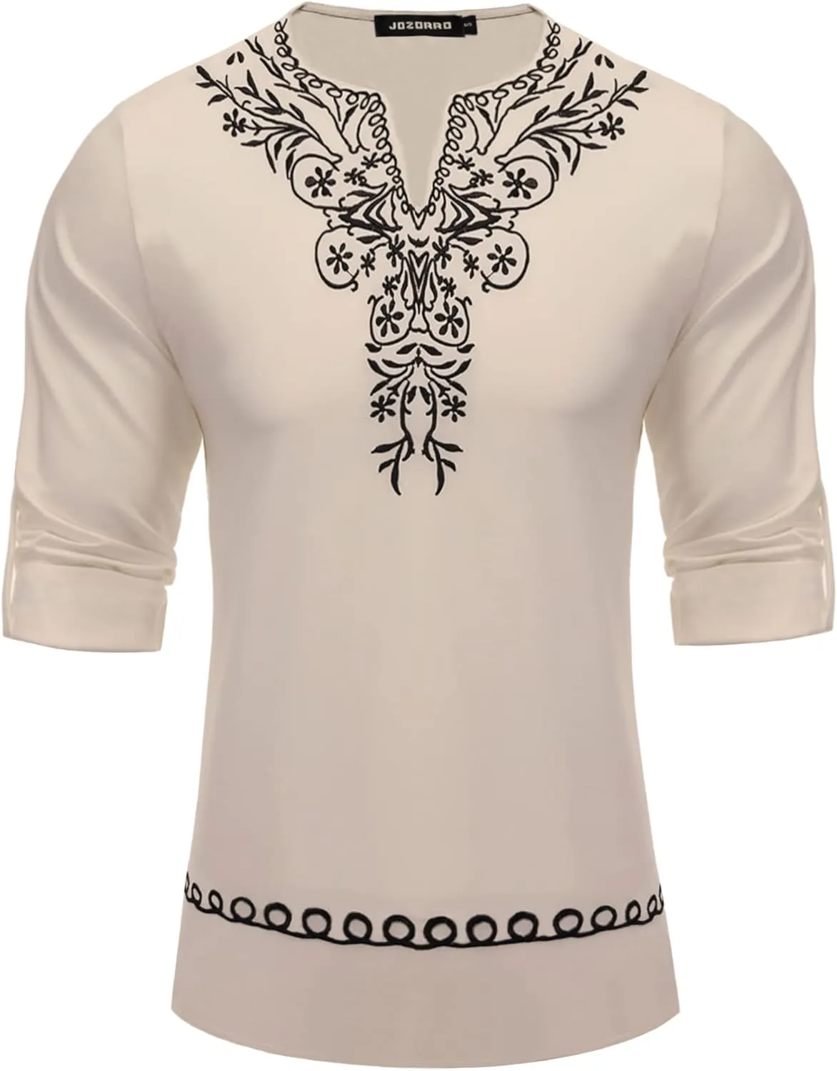JoZorro Mens Polyester Linen V Neck Henley Shirt Long Sleeve Caftan Handmade Tunic Embroidered Casual Beach T Shirts