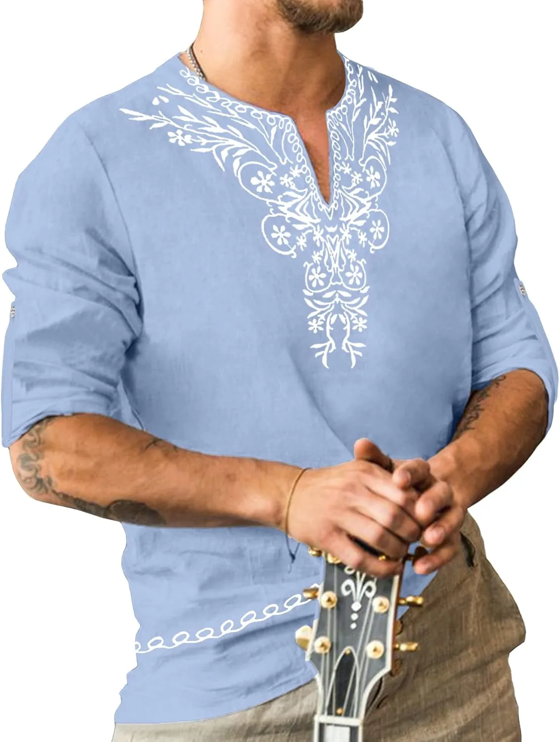 JoZorro Mens Polyester Linen V Neck Henley Shirt Long Sleeve Caftan Handmade Tunic Embroidered Casual Beach T Shirts